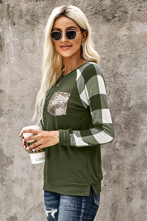 Plaid Splicing Sequined Pocket Long Sleeve Top